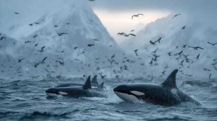 Fototapeta premium A family of killer whales on the hunt, looking for a whale or other sea animals