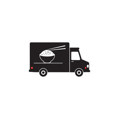 Black and White Food Truck Design Delivering Delicious Asian Cuisine with Rice Bowl and Chopsticks Graphic for Restaurant and Mobile Culinary Business Promotion