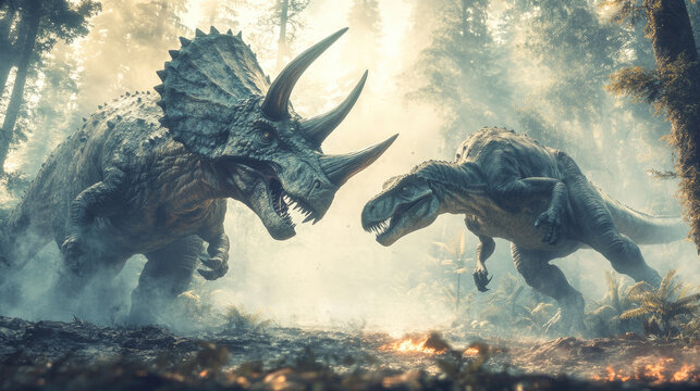 Epic dinosaur battle scene with a Triceratops and Tyrannosaurus fighting in a misty jungle. - Powered by Adobe