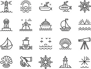 Nautical icons, maritime navigation, sailing, lighthouse, ship wheel, compass, cruise ship, sailboat, submarine, seashell, sextant, ocean travel, outline style, vector illustration