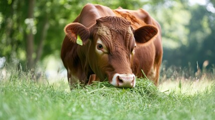 A Grass Eating Cow in a Green Landscape