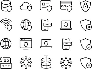 Cybersecurity data protection line icons set, cloud security, network privacy, secure connection, database shield, password access, encrypted communication, malware prevention