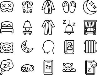 sleep, rest, bedtime routine, night, relaxation, icon set, vector, outline, symbol, collection, comfort, dream, slumber, decor, design, illustration, lifestyle, leisure, domestic, objects