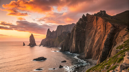 remote coastal cliff with sharp rock formations at sunset