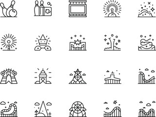 Amusement park entertainment line icons set, roller coaster ferris wheel bowling cinema crown stage sparkles fountain leisure fun, minimalist black outline vector symbols