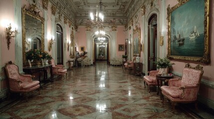 Pink armchairs and marble floor decorating the hallway of a historic building with paintings and chandeliers