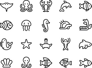 Marine life and sea creatures icon set, black and white line vector, ocean animals, nautical symbols, aquarium, shell, fish, octopus, dolphin, turtle