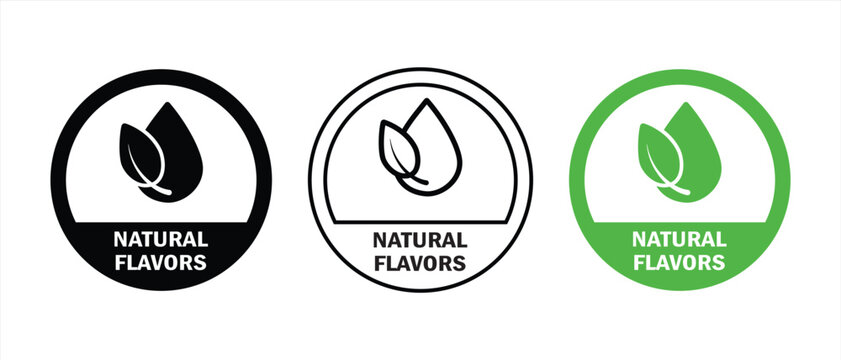 Natural flavors sign. Natural oil logo, badge, symbol, stamp, logo, logotype, sticker, emblem, mark or seal for product package. Organic flavor no artificial added chemicals