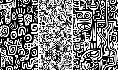 Set of abstract black and white doodle art patterns with tribal, surreal, and geometric elements. Hand-drawn style with expressive lines and faces, ideal for backgrounds, textiles, posters