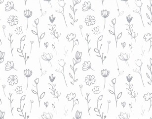 Obraz premium Delicate Grey Wildflower Sketches in a Seamless HandDrawn Pattern.