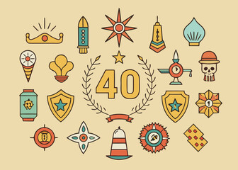 Vector art of vintage tattoo style icons with a retro theme, including a rocket, compass, shield, skull, and laurel wreath with number 40