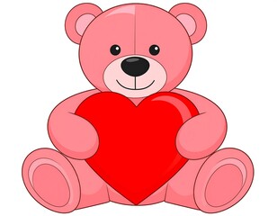 Obraz premium Pink teddy bear holding a red heart. Adorable cartoon character