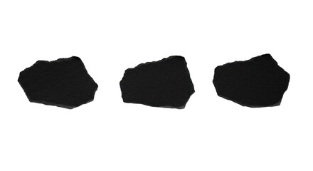 Three photorealistic dark charcoal-black abstract torn paper elements, high-contrast, horizontally aligned on a seamless transparent background with copy space, top-down. Concept of structured