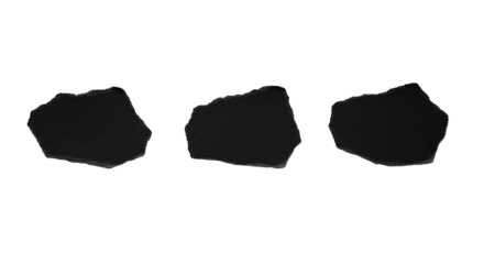 Three photorealistic dark charcoal-black abstract torn paper elements, high-contrast, horizontally aligned on a seamless transparent background with copy space, top-down. Concept of structured