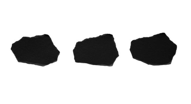 Three photorealistic dark charcoal-black abstract torn paper elements, high-contrast, horizontally aligned on a seamless transparent background with copy space, top-down. Concept of structured