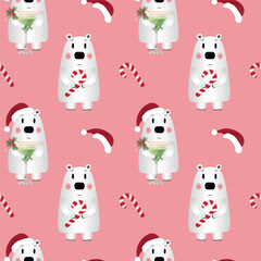 Fototapeta premium Cute Christmas polar bear seamless pattern on pink background