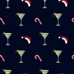 Christmas martini and candy cane seamless pattern on dark background