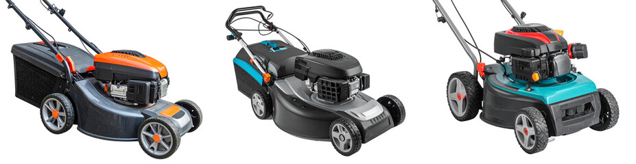 Three Lawn Mowers with Varied Color Schemes Isolated on a Transparent Background Showing Lawn Care Equipment for Yard Maintenance