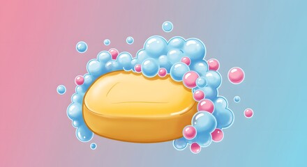 Foamy Yellow Soap Bar with Pink and Blue Bubbles Illustration