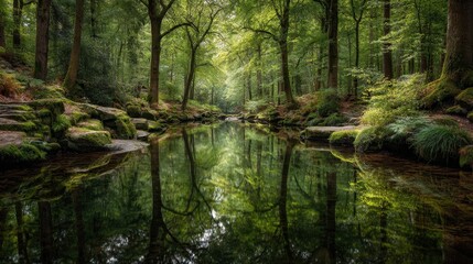 Fototapeta premium Lush green forest reflected in the calm water of a river flowing through mossy rocks