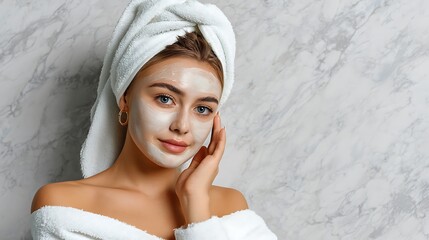 Obraz premium Young Woman with Facial Mask and Towel on Head Relaxing at Home Spa