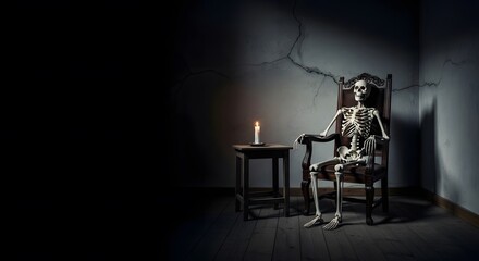 A solitary skeleton sits pensively in an antique chair, a lone candle flickering nearby in a dimly lit, aged room, casting long shadows.