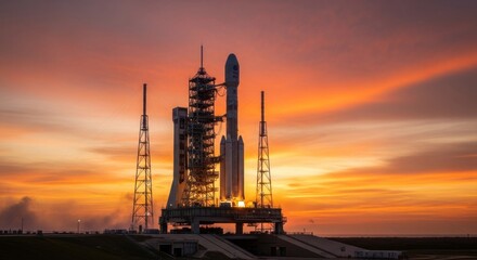 Silhouetted rocket launchpad at sunrise