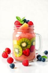 Healthy Layered Berry, Mango, and Kiwi Smoothie Jar — Vegan Summer Detox Drink with Fresh Mint Garnish