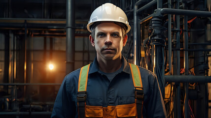 industrial worker in factory, Portrait of an electrician in safety gear, standing against an industrial backdrop with subtle lighting