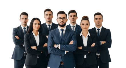 A diverse group of business professionals standing confidently in a studio setting