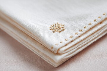 Elegant folded napkin with intricate embroidery and golden embel