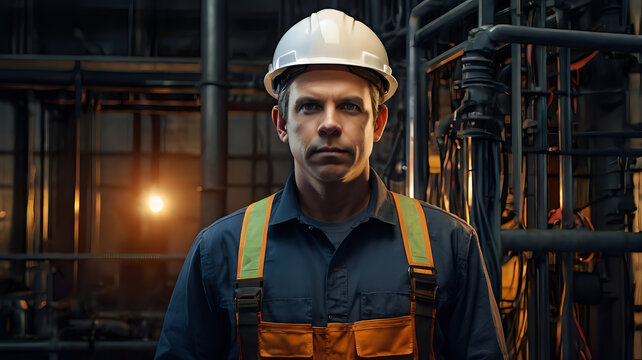 industrial worker in factory, Portrait of an electrician in safety gear, standing against an industrial backdrop with subtle lighting