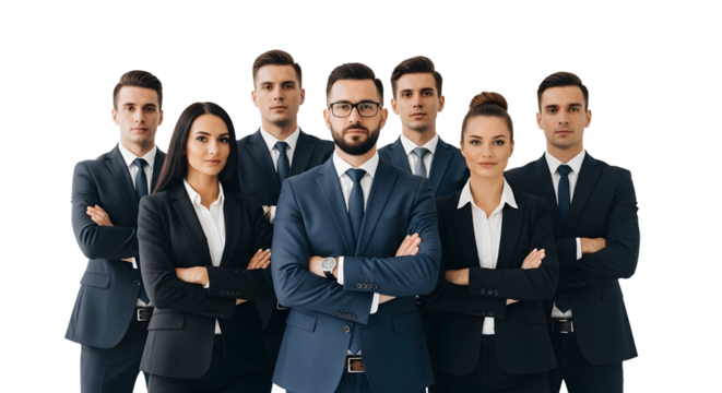 A diverse group of business professionals standing confidently in a studio setting