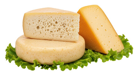 Isolated Cheese Assortment on Lettuce Leaf
