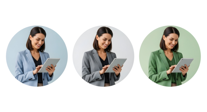 Businesswoman smiling while looking at her tablet with a variety of background colors