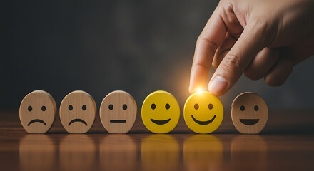 Hand selecting happy face emoji from row of wooden faces wooden emoji customer satisfaction