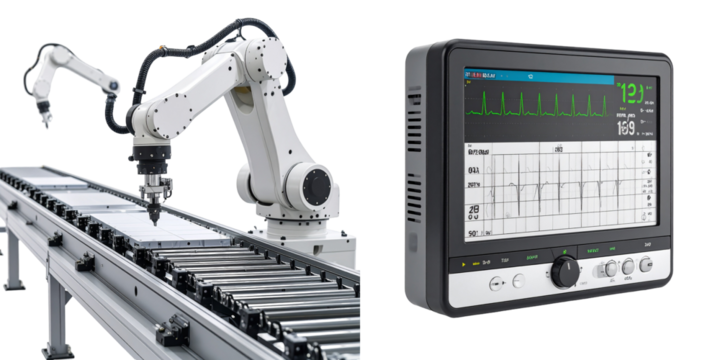 Industrial Robotic Arm Performing Production Process With Digital Display Monitor on Transparent Background