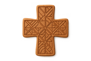 Geometric patterned clay cross with intricate carvings and textures