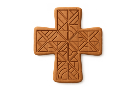 Geometric patterned clay cross with intricate carvings and textures - Powered by Adobe