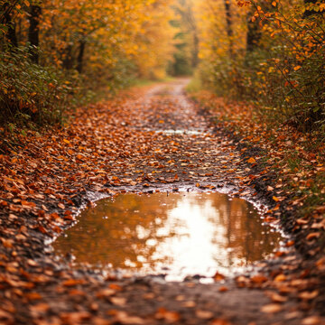 Muddy Trail with Russet Leaves and a Puddle Refle ction