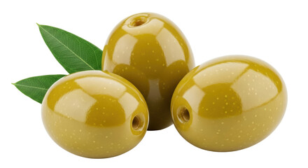 Isolated Three Green Olives with Leaves