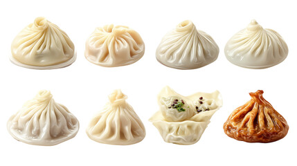 Fototapeta premium Set of Soup Dumplings, Tangbao, Jiaozi, Gyoza, Pierogi on Transparent Background
