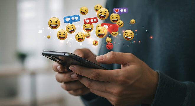 Person holding smartphone with floating emojis and likes hands technology