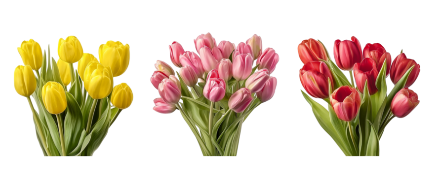 set of fresh natural pink, yellow, and red tulip flowers bouquet, cutout