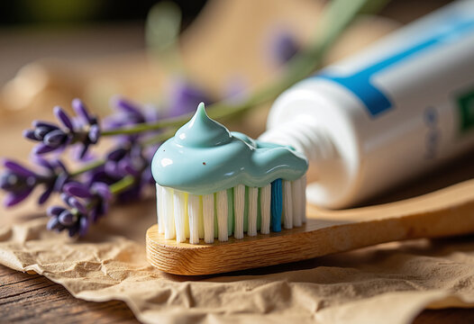 Clean toothbrush with blue toothpaste on wooden surface with lavender