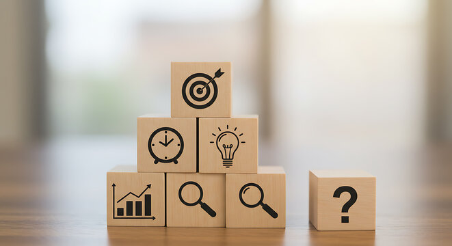 Wooden cubes with business icons and question mark wooden blocks target - Powered by Adobe