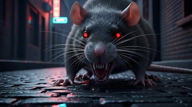 Aggressive rat with red eyes in dark city alley