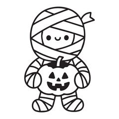 Black and white illustration of a happy mummy holding a pumpkin