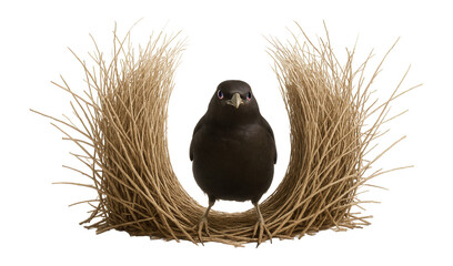 Male bowerbird's collection of blue objects around his bower structure