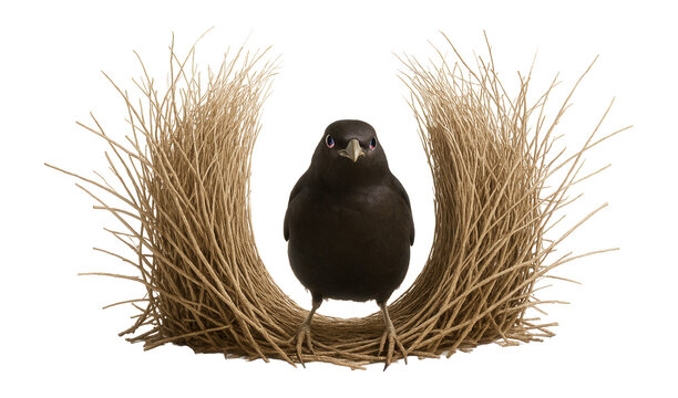 Male bowerbird's collection of blue objects around his bower structure